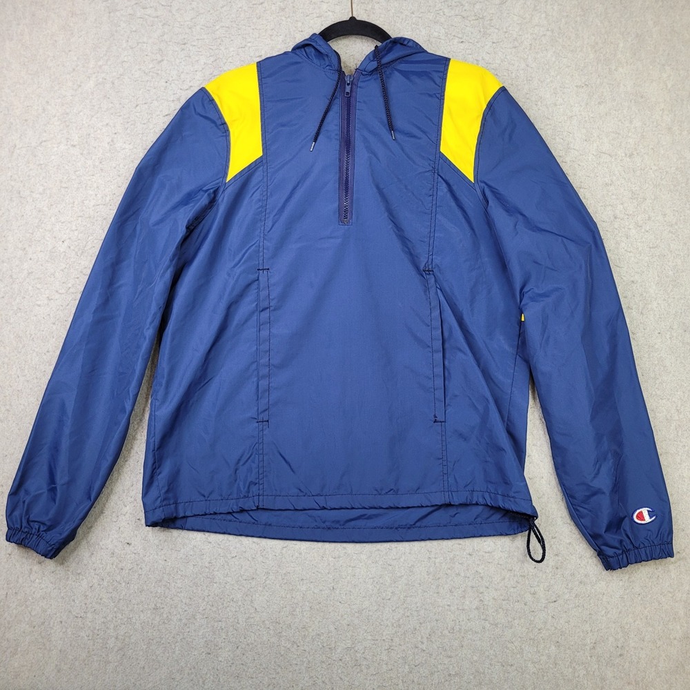 Vintage Champion 1/4 Zip Hoodie Mens M Blue Yellow Jacket Hooded Made in USA‎
